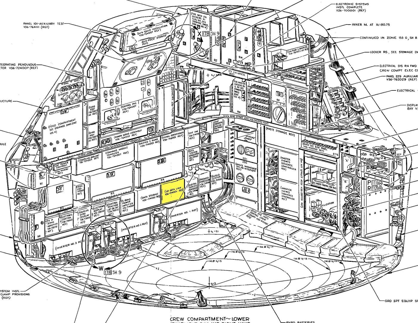 The lower equipment bay of the Apollo Command Module. The Up-Data Link is highlighted in yellow. Click this image (or any other) for a larger version. From Command/Service Module Systems Handbook p212.
